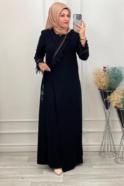 0218 Yandan Bağlama Abaya Ferace Siyah Siyah