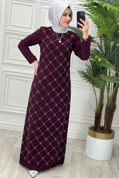 1015 Yaldızlı Elbise Mürdüm