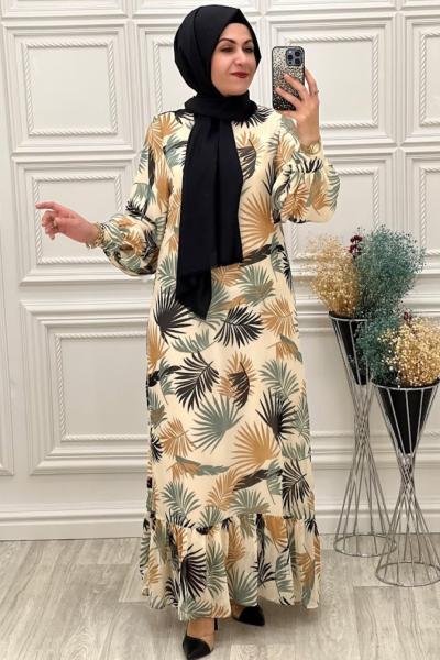 1040 Yaprak Desen Şifon Elbise Krem Krem
