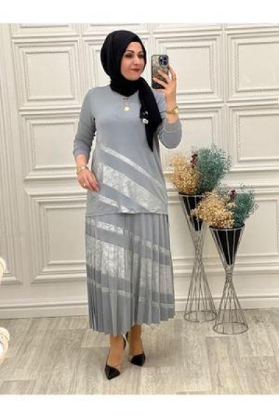 1069 Çizgi Jakarlı Etekli Takım Gri Diğer