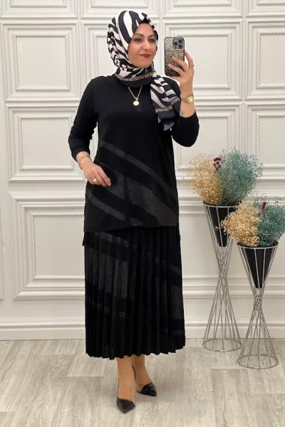 1069 Çizgi Jakarlı Etekli Takım Siyah Siyah