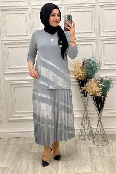 1069 Çizgi Jakarlı Etekli Takım Gri Gri