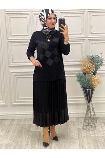 1075 Dama Jakarlı Etekli Takım Siyah Diğer