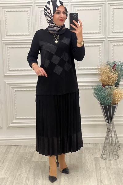 1075 Dama Jakarlı Etekli Takım Siyah Siyah