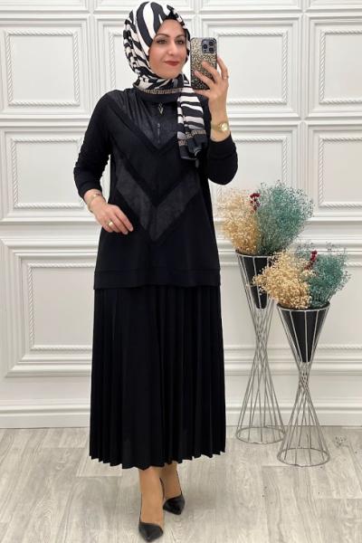 1086 Yaka Fermuarlı Etekli Takım Siyah Siyah