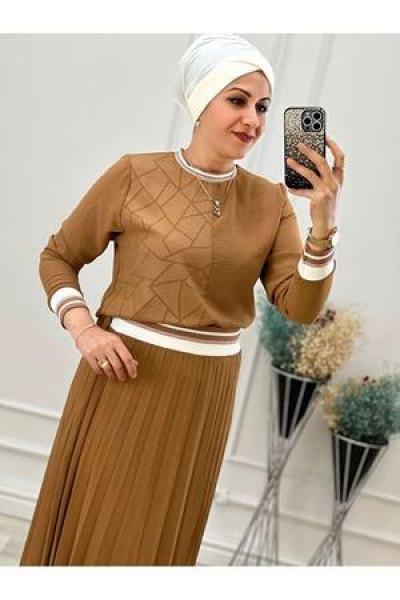 1106 Jakarlı Etek Takım Taba Taba