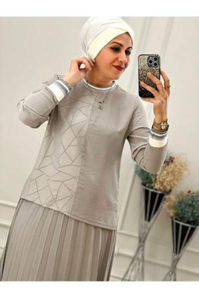 1106 Jakarlı Etek Takım  Gri Gri