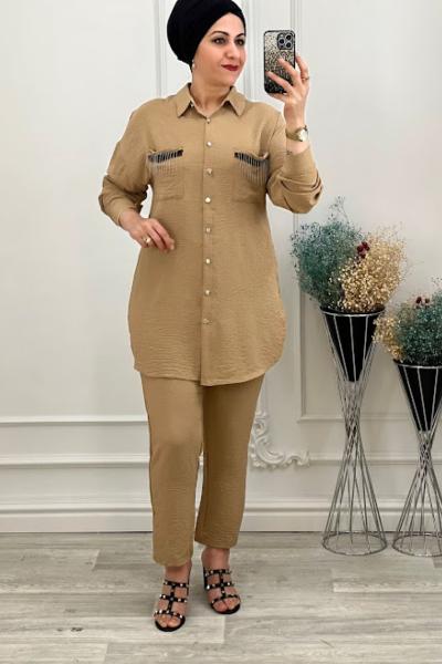 1108 Cebi Boncuk Detaylı Takım Bej Bej