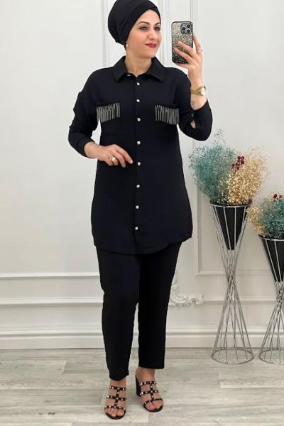 1108 Cebi Boncuk Detaylı Takım Siyah Siyah