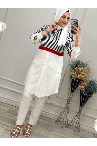 1117 Viskon Çizgili Tunik Krem Küçük Beden Diğer