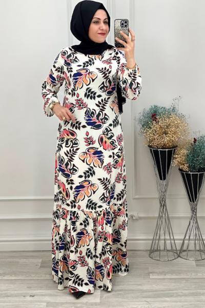 1123 Büyük Yapraklı Elbise Krem Krem