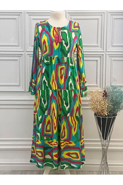 1128 Boyun Bağlamalı Halka Desen Elbise Yeşil Diğer