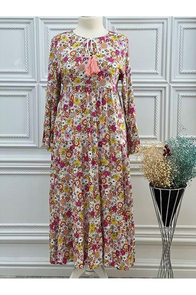 1130 Boyun Bağlamalı Sık Çiçekli Elbise Beyaz Diğer