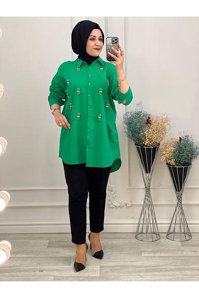 1132 Çiçek Taşlı Keten Gömlek Yeşil Yeşil