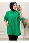 1132 Çiçek Taşlı Keten Gömlek Yeşil Yeşil