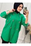 1132 Çiçek Taşlı Keten Gömlek Yeşil Yeşil