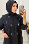 1132 Çiçek Taşlı Keten Gömlek Siyah Siyah