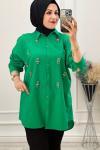 1132 Çiçek Taşlı Keten Gömlek Yeşil Yeşil