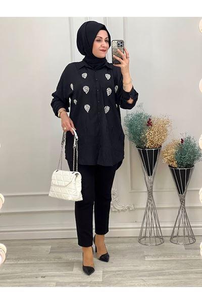1136 Damla Taşlı Gömlek Siyah Siyah