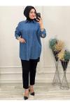1139 Serpme Taşlı Kot Gömlek Mavi