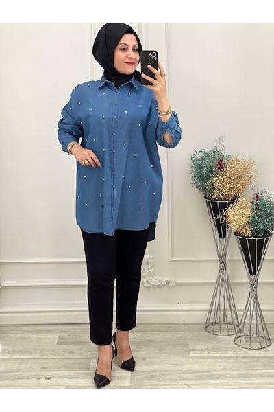 1139 Serpme Taşlı Kot Gömlek Mavi