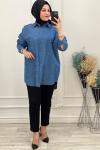 1139 Serpme Taşlı Kot Gömlek Mavi