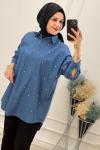 1139 Serpme Taşlı Kot Gömlek Mavi