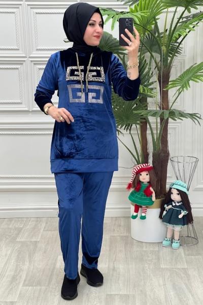 1444 Kadife Takım Petrol Mavisi