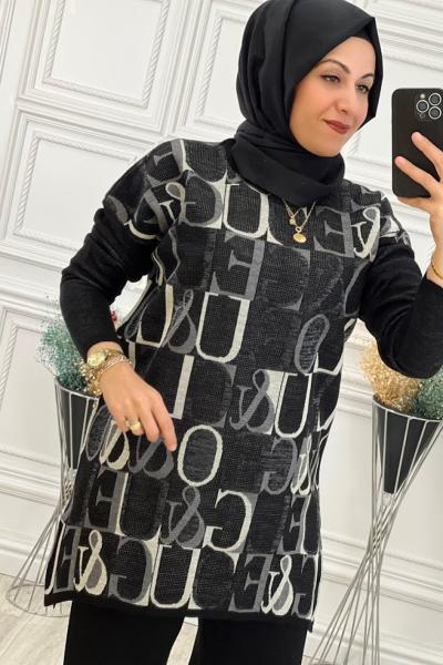 1611 Yazı Detaylı Triko Takım Siyah