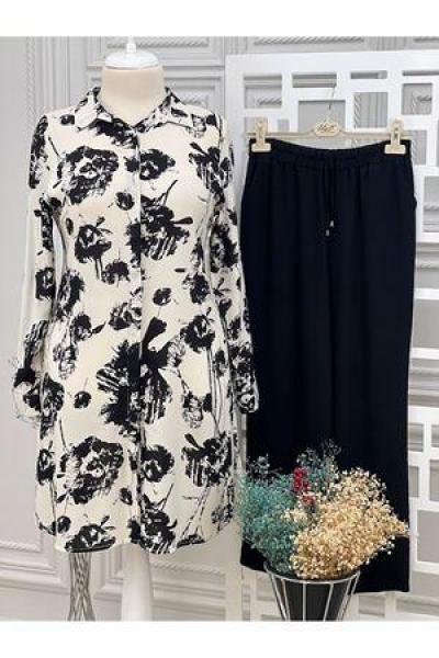 16466 Batik Desen Tunik Beyaz Siyah