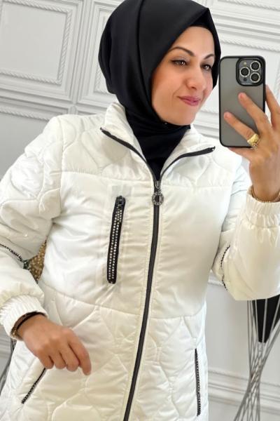 18576 Kapitone Şişme Kaban Beyaz