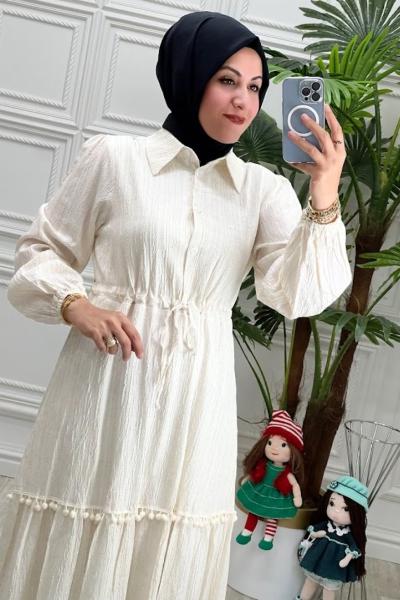 1909 Ponpon Elbise Taş Rengi