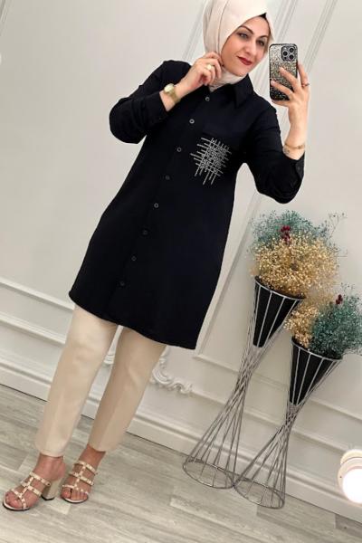 1972 Cepli Tensel Kumaş Tunik Siyah Siyah