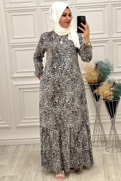 1984 Leopar Viskon Elbise Kahverengi