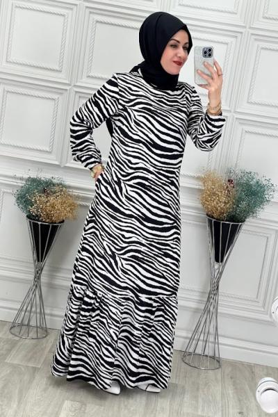 20027B Zebra Elbise Siyah Beyaz