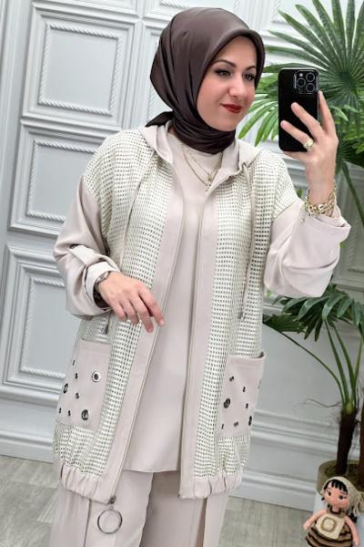 2008B 3 lü Tunik Takım Bej