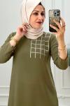 2011 Kare Taş Detaylı Tunik Haki Haki