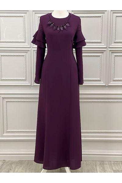 2037 Kolu Pullu Elbise Mürdüm Mürdüm