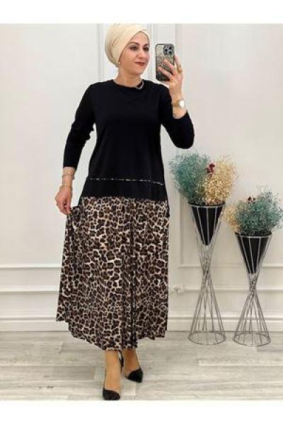 2038 Leopar Desenli Etek Takım Siyah Siyah
