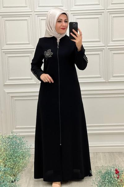 2053 Çınar Yapraklı Ferace Siyah Siyah