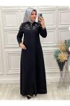 2055 Omuz Çiçek Taşlı Ferace Siyah Siyah