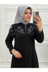 2055 Omuz Çiçek Taşlı Ferace Siyah Siyah