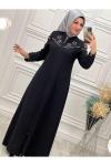2055 Omuz Çiçek Taşlı Ferace Siyah Siyah