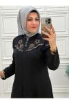 2055 Omuz Çiçek Taşlı Ferace Siyah Siyah