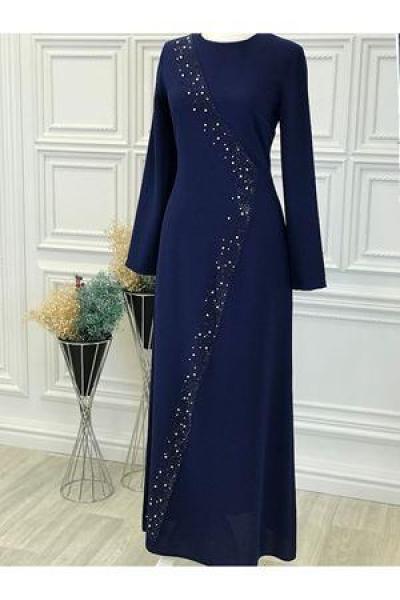 2058 İnci Detay Elbise Lacivert