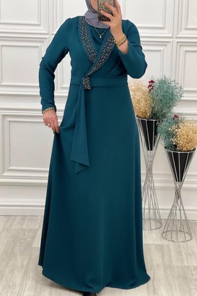 2061 Yaka Taşlı Elbise Zümrüt Zümrüt