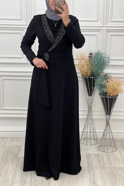 2061 Yaka Taşlı Elbise Siyah Siyah