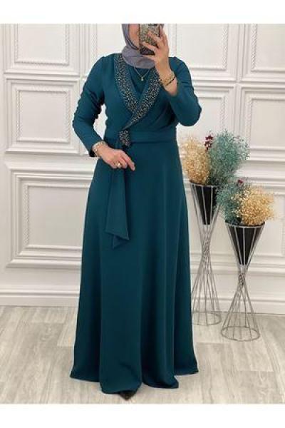 2061 Yaka Taşlı Elbise Zümrüt Diğer