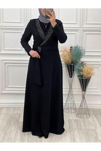 2061 Yaka Taşlı Elbise Siyah Diğer