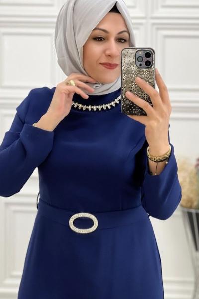 2065 Yaka Taşlı Kalem Elbise Lacivert Lacivert